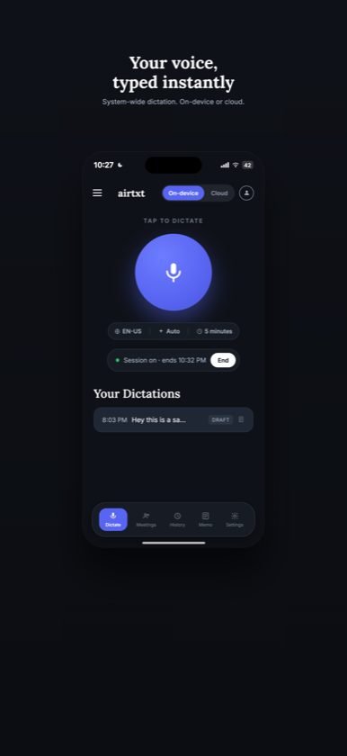 airtxt dictation screen on iPhone