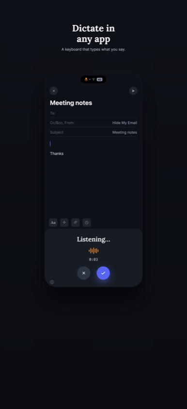 airtxt keyboard inserting dictated text in a chat app